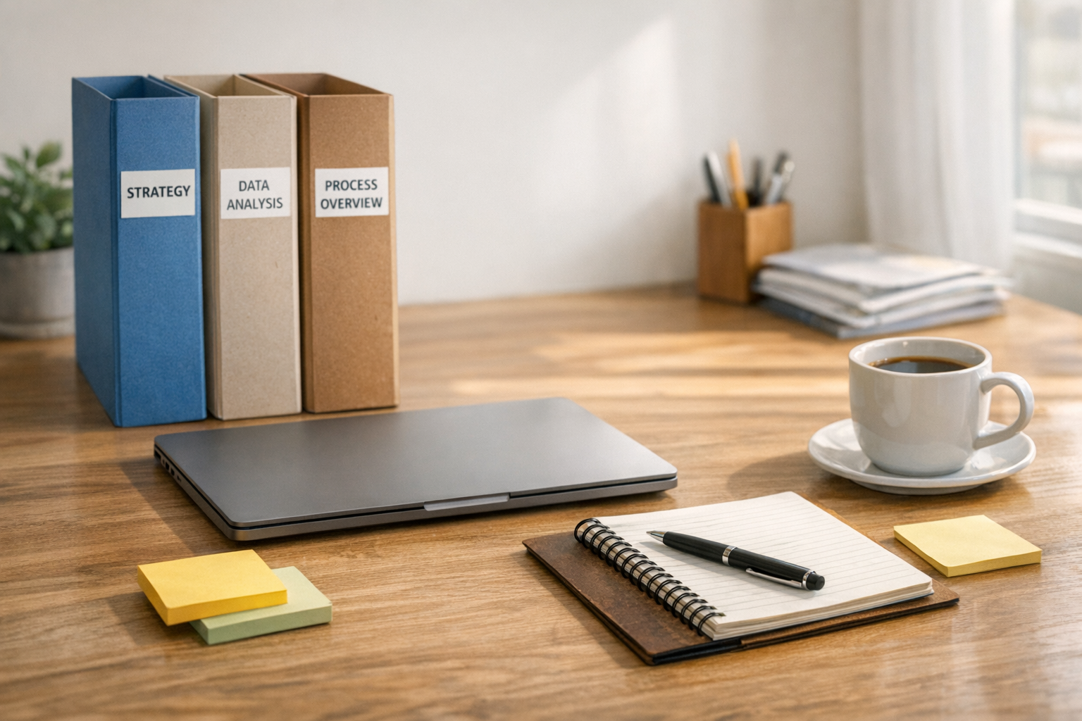 A calm office desk with organized folders, notes, and a laptop representing a structured AI work environment.