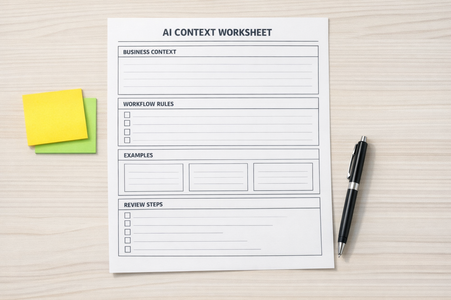 A printed AI context worksheet with sections for business context, workflow rules, examples, and review steps.