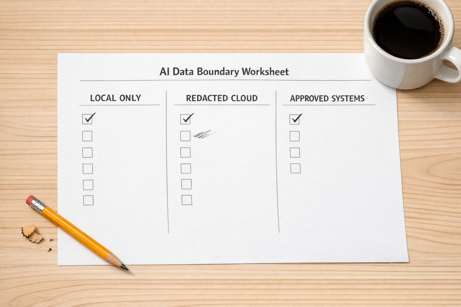 A printed worksheet showing three simple AI data categories: local only, redacted cloud, and approved systems.