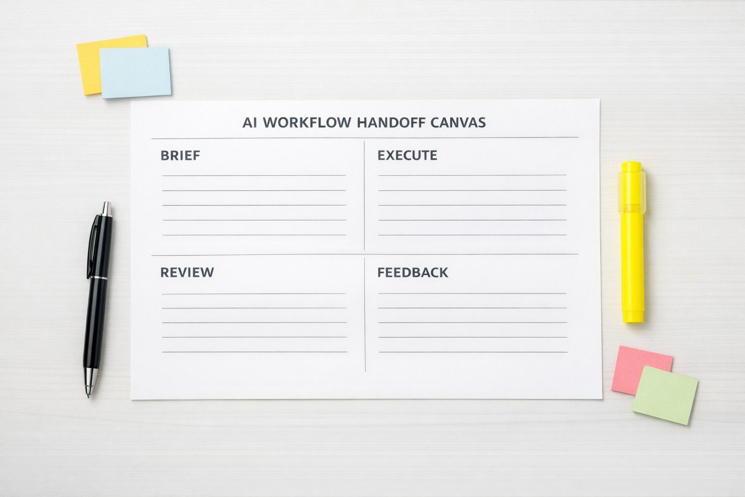 A simple printed AI workflow handoff canvas with sections for brief, execution, review, and feedback.