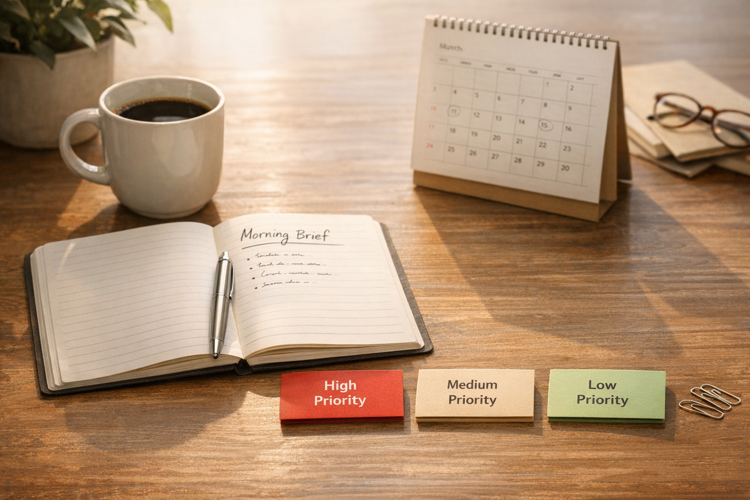 A calm office desk with a notebook, coffee, calendar pages, and three priority cards arranged for a focused morning planning session.