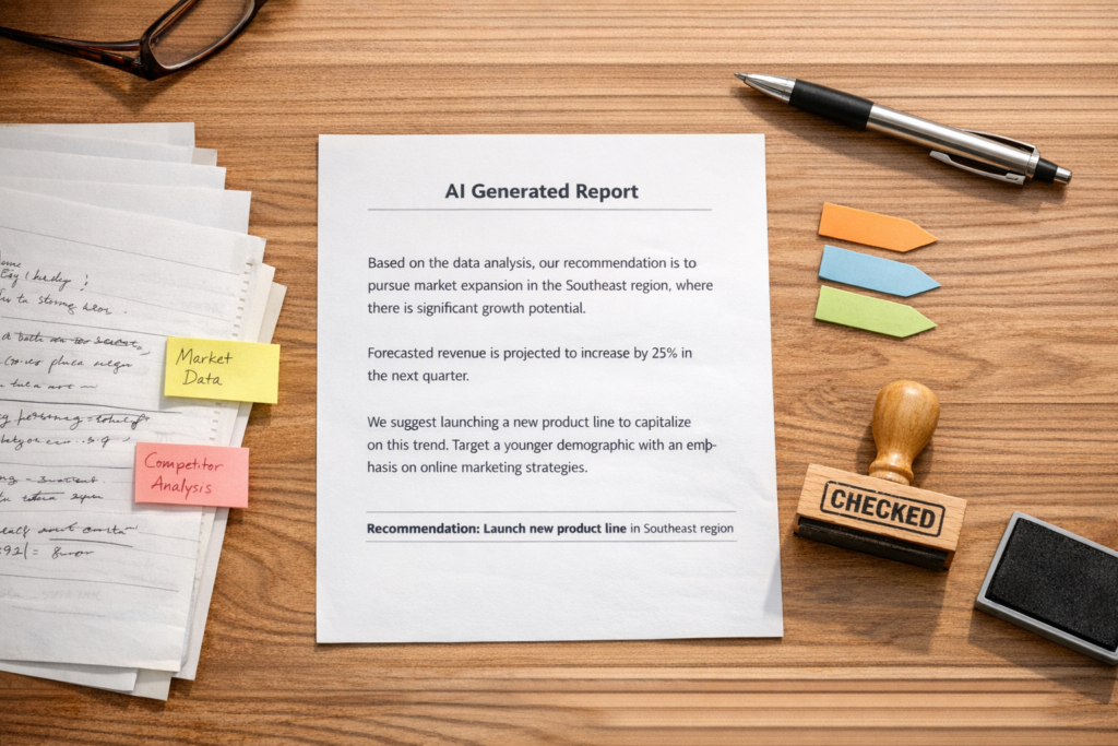 A calm office desk with an AI response printed on paper next to source notes, sticky tabs, and a validation stamp