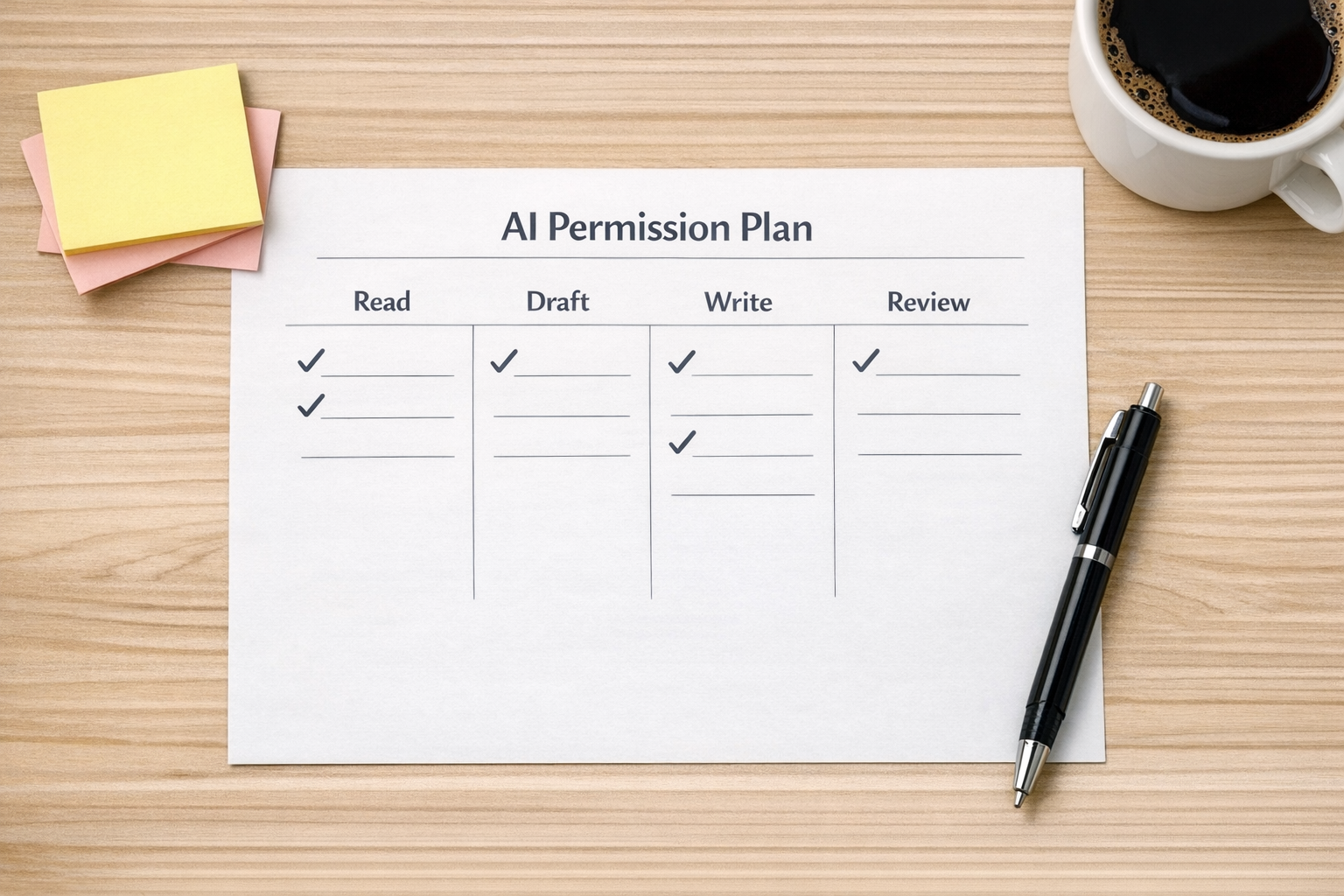 A printed AI permission planning worksheet with columns for read access, draft access, write access, and human review.