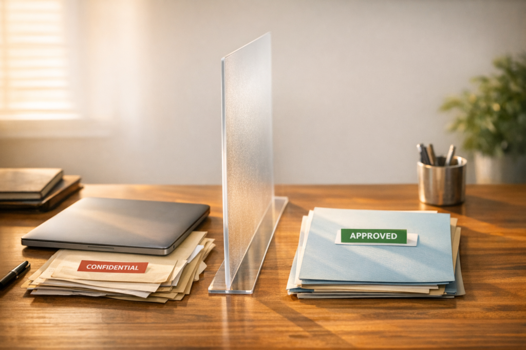 A calm office desk with a laptop, paper documents, and a clear divider representing private and approved AI work.