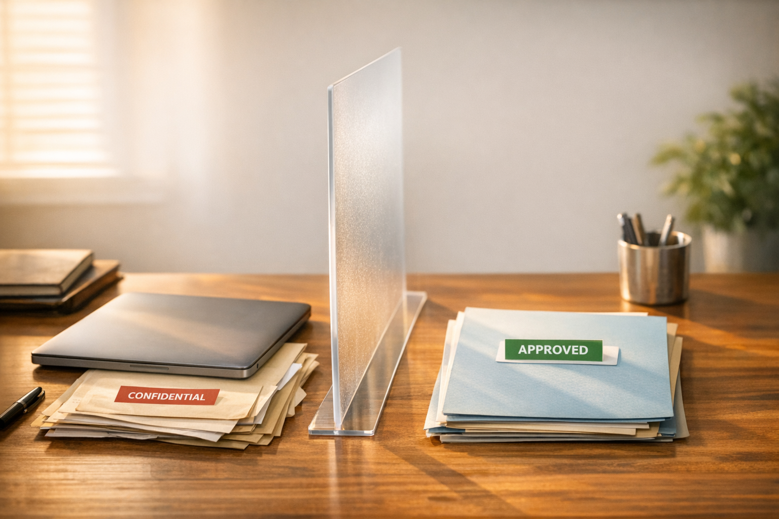 A calm office desk with a laptop, paper documents, and a clear divider representing private and approved AI work.