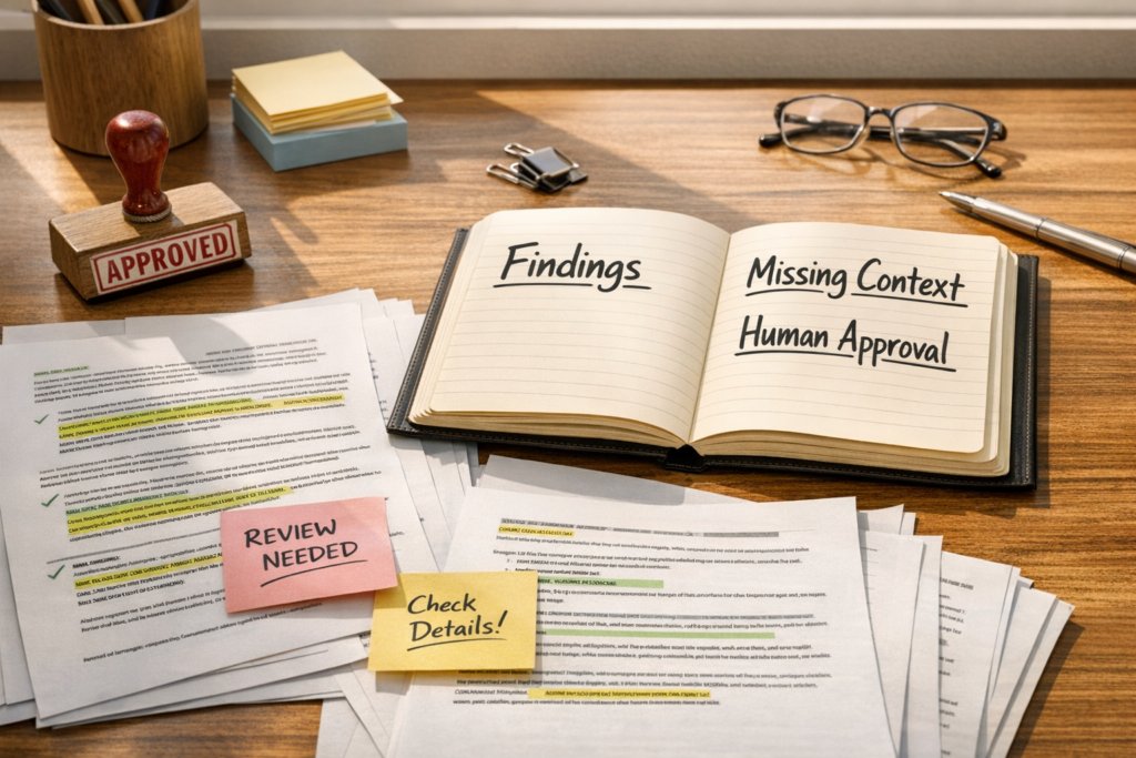 A calm office desk with printed documents, highlighted sections, approval stamps, and a notebook showing an AI review packet concept.