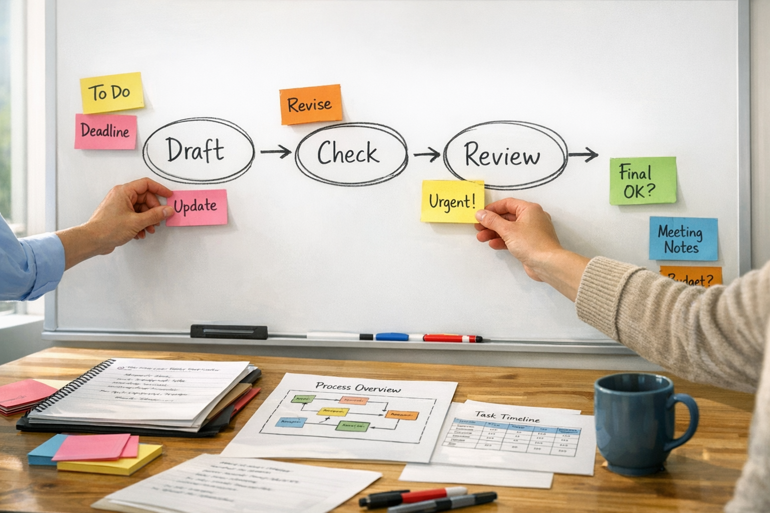 A workspace whiteboard and desk setup showing a practical review plan for AI-assisted operations work.
