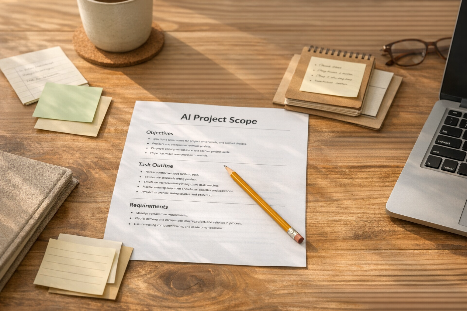 A clean desk with a printed project brief, pencil, and organized notes showing the idea of scoping AI work before running automation.