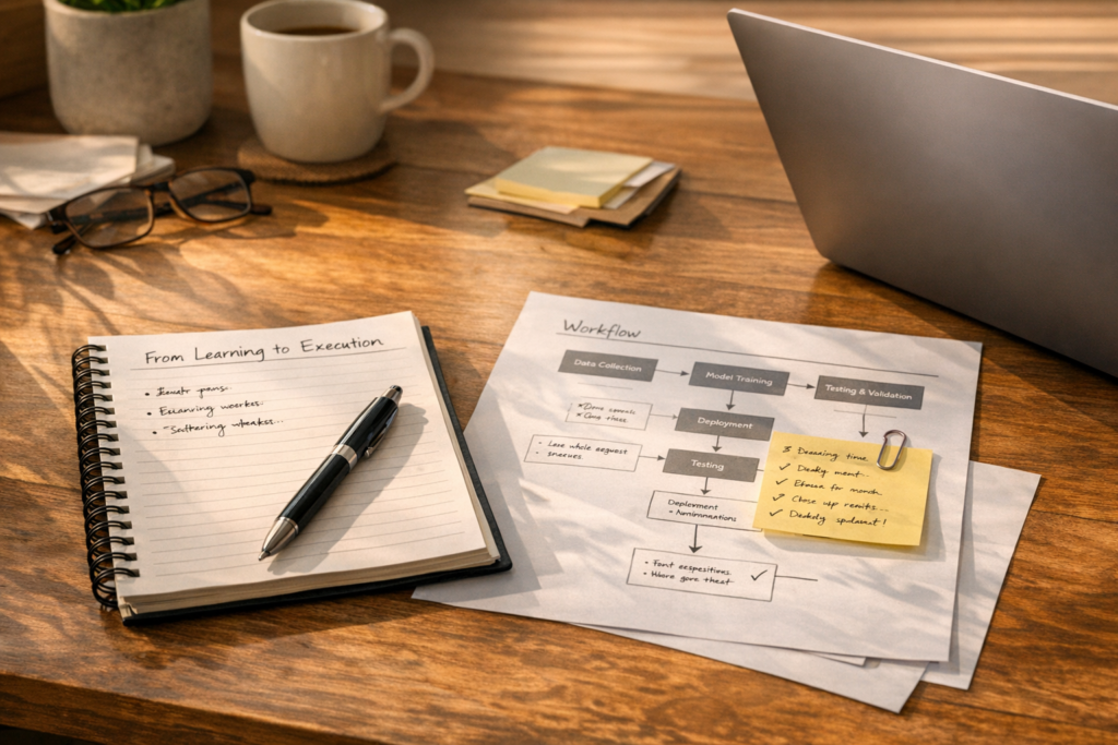 A calm office desk with a notebook, printed workflow notes, and a laptop showing a simple AI planning workspace without readable screen text.
