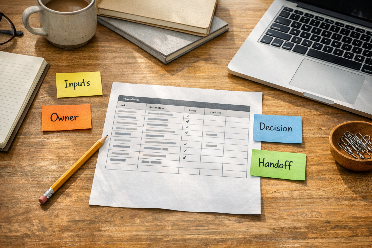 A clean desk with a printed spreadsheet draft, sticky notes, and a pencil marking business assumptions before automation.