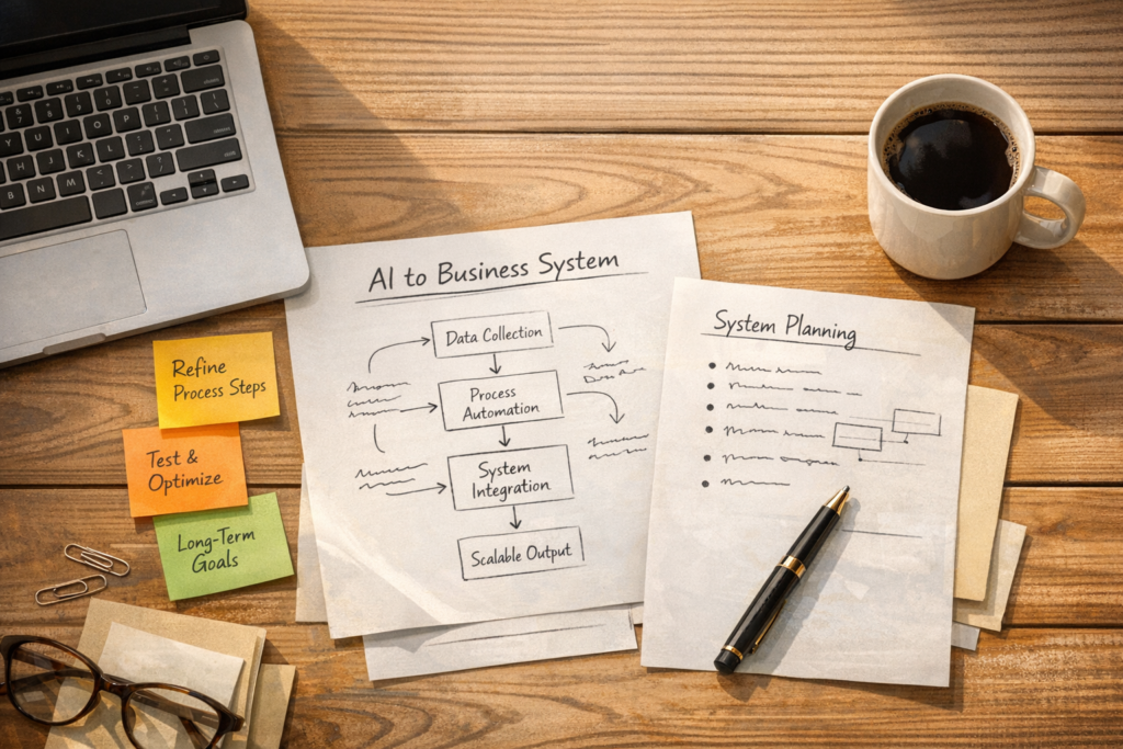 A calm office desk with printed workflow notes, a laptop, sticky notes, and a coffee cup representing AI systems planning.