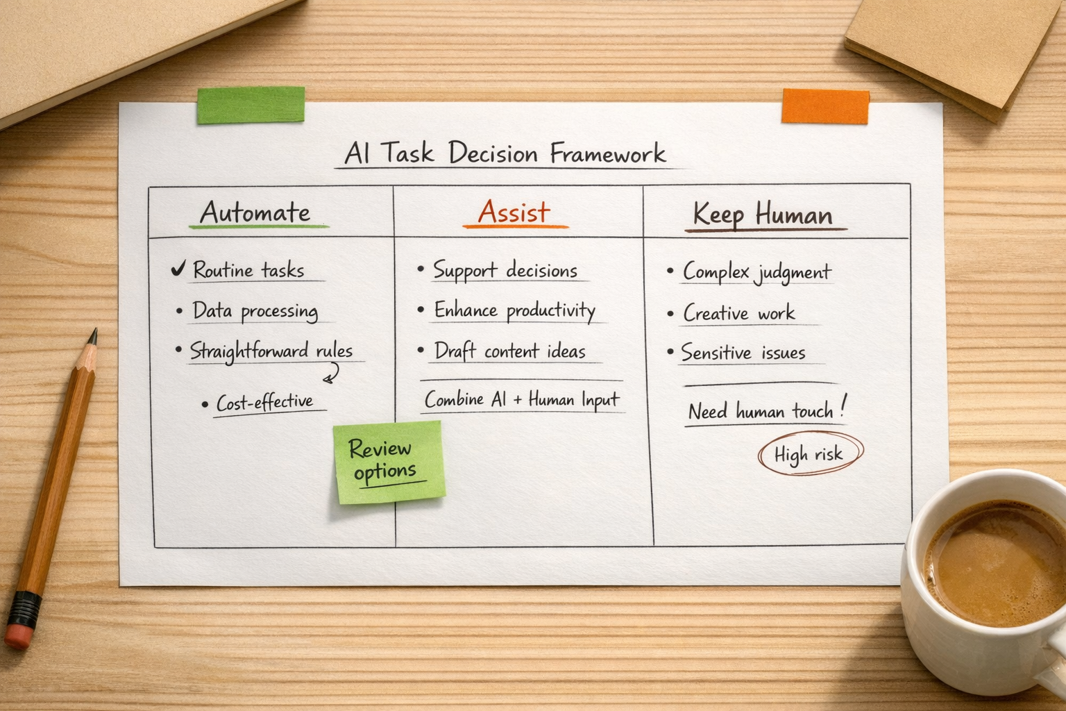 A printed worksheet for sorting business tasks into automate, assist, and keep human categories.