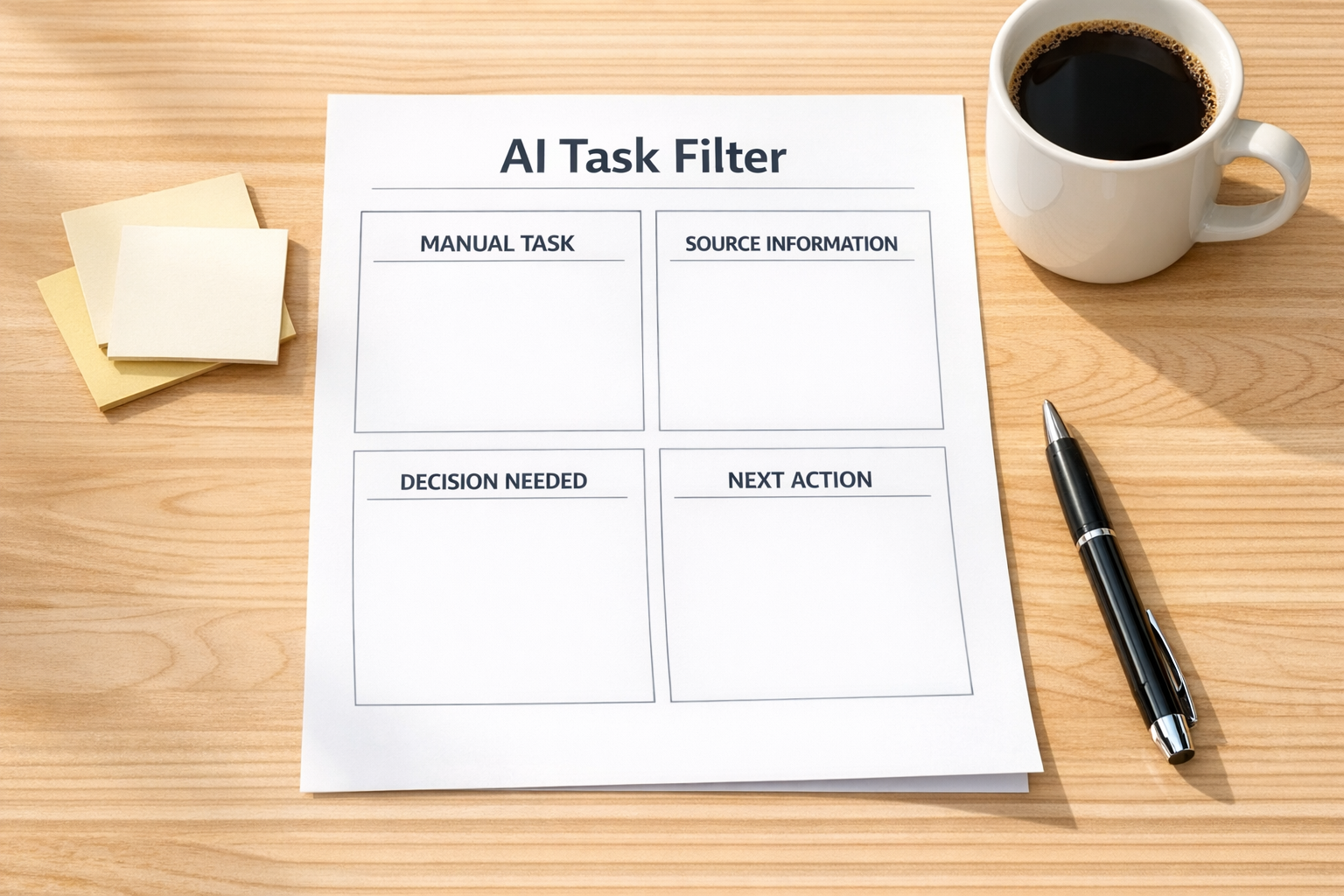 A printed worksheet with simple sections for identifying manual tasks, required context, and automation candidates.