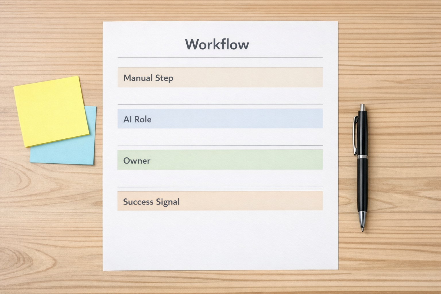 A printed AI workflow value checklist with simple sections for task, owner, manual step, and result