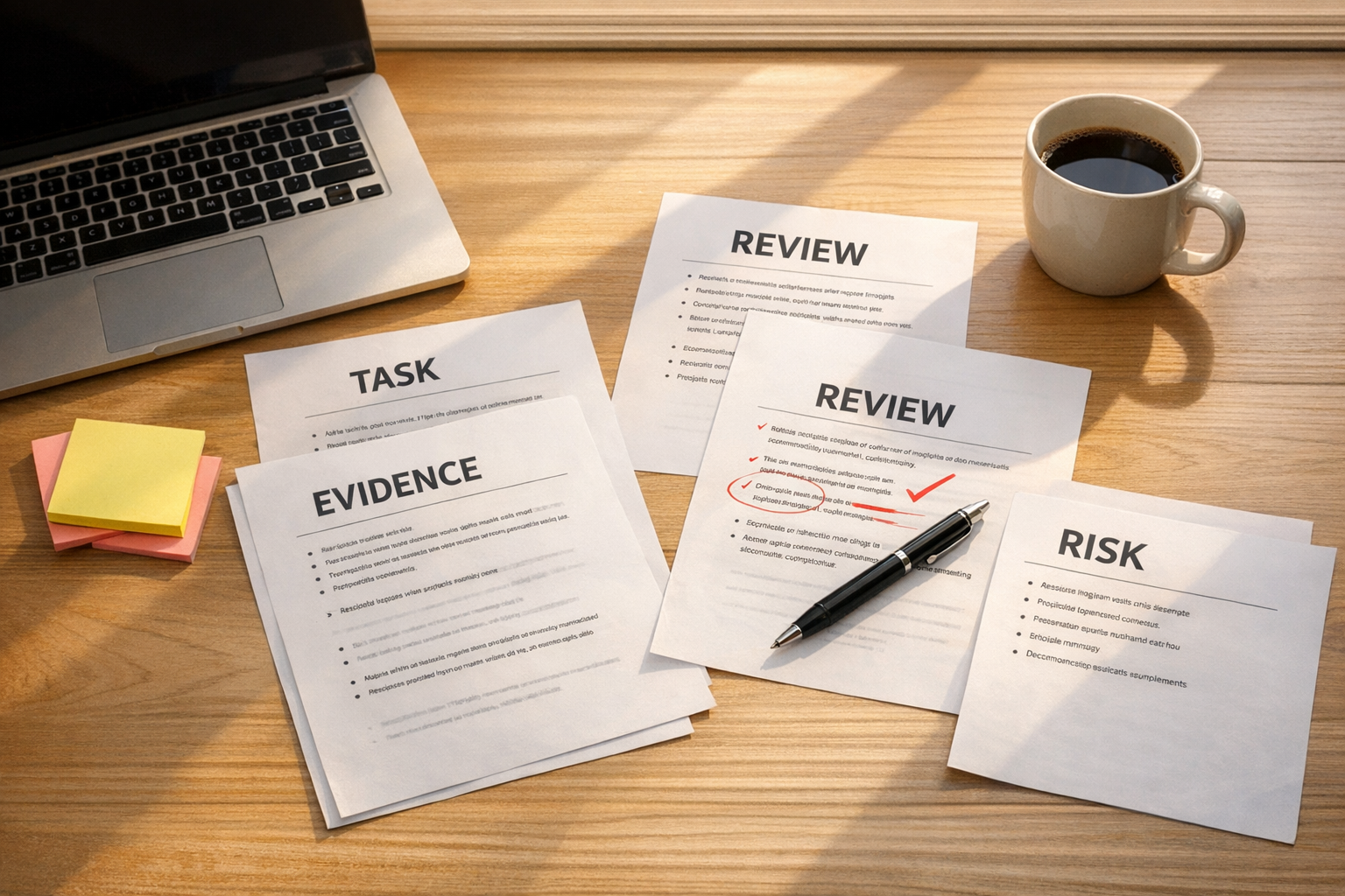 A calm office desk with printed work receipts, a laptop, and marked review notes for AI-assisted work.