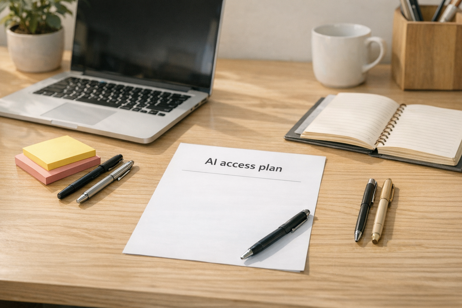 A calm office desk with shared work tools arranged beside a notebook labeled AI access plan