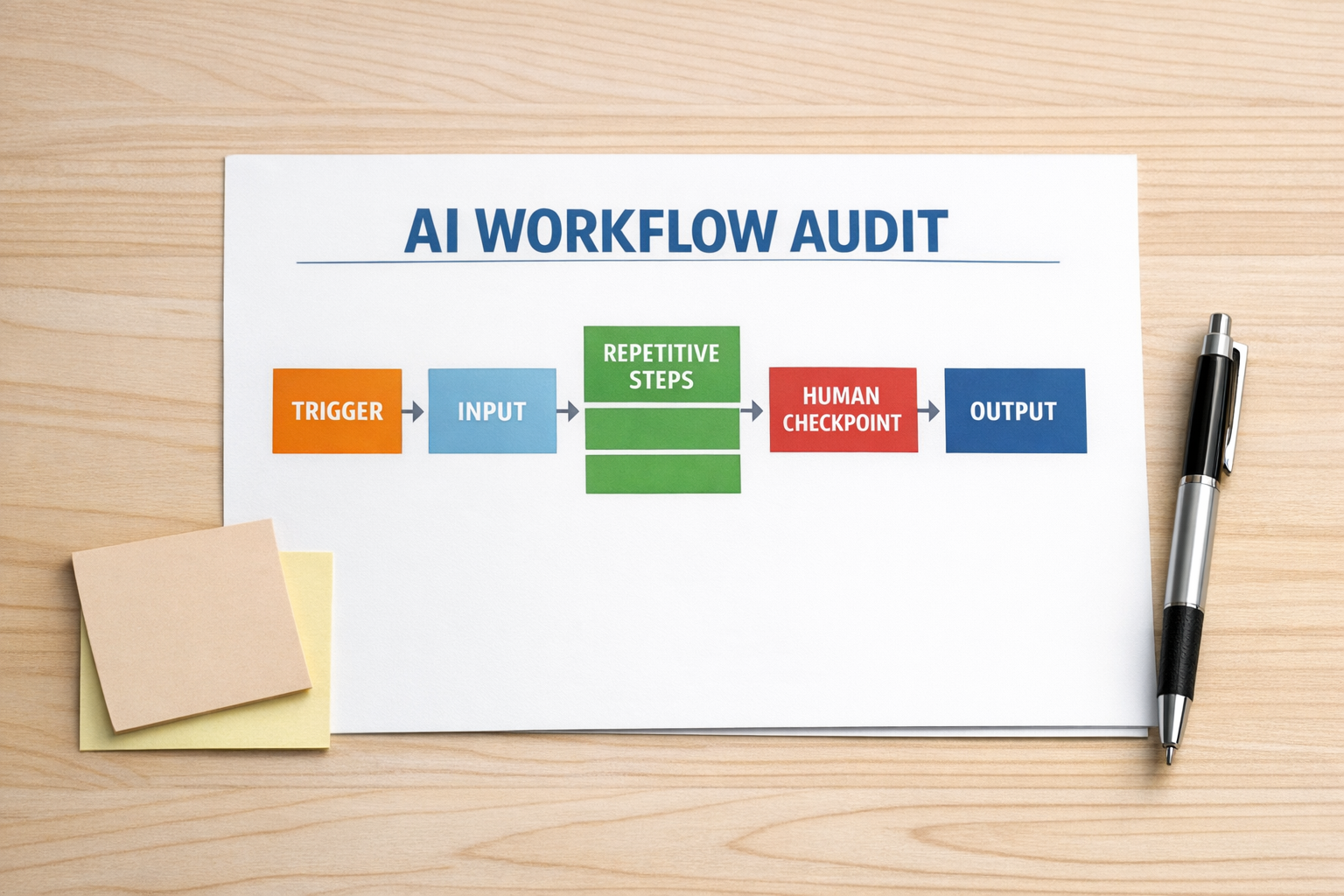 A printed AI workflow audit worksheet with sections for triggers, inputs, repetitive steps, human checkpoints, and outputs.