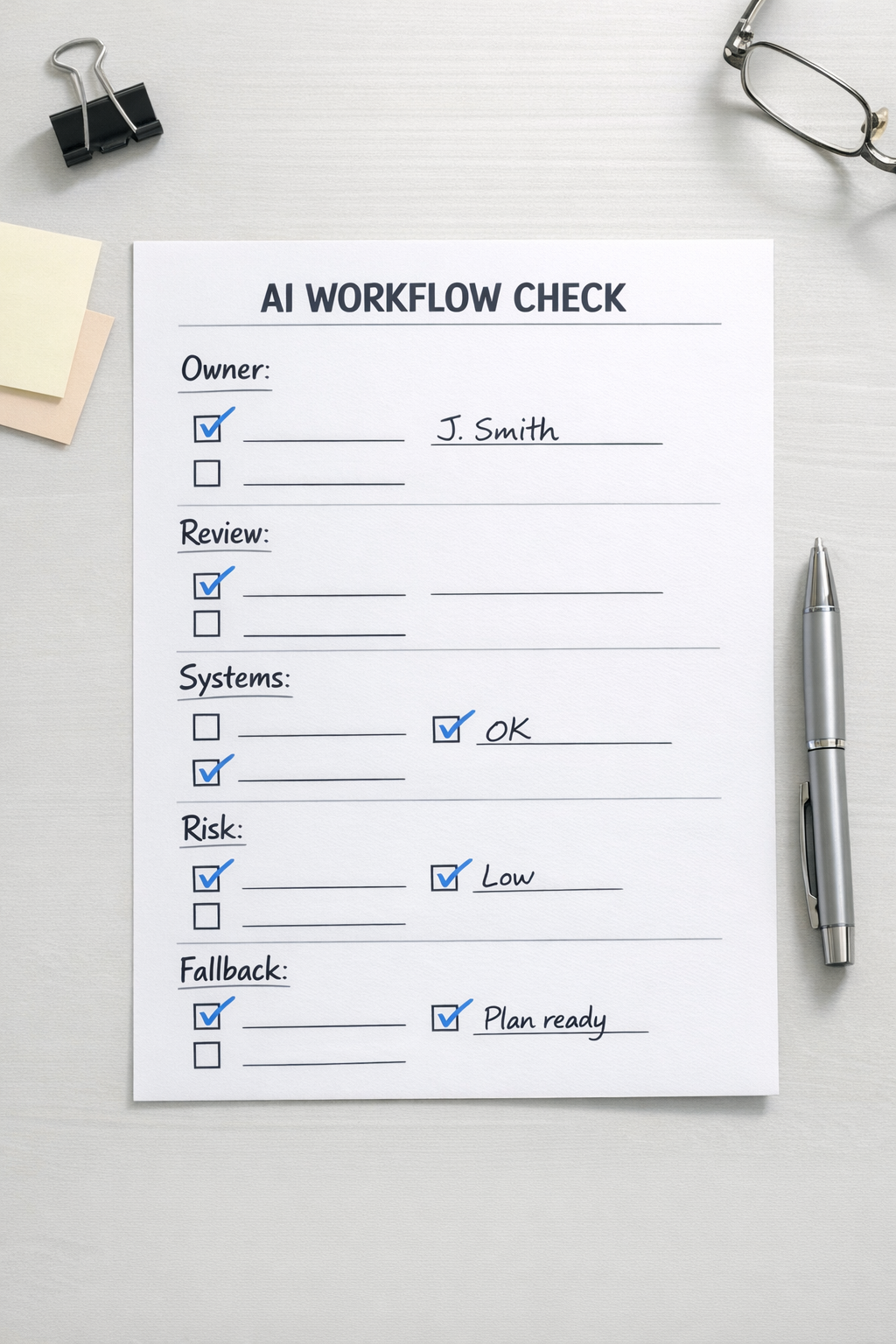 A simple printed AI workflow checklist with sections for owner, review point, risk, and fallback.