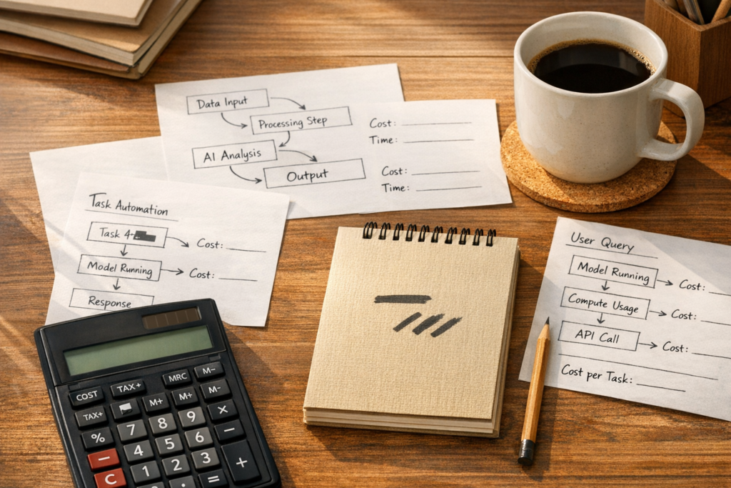 A calm office desk with a calculator, notebook, and automation notes representing AI workflow cost tracking.