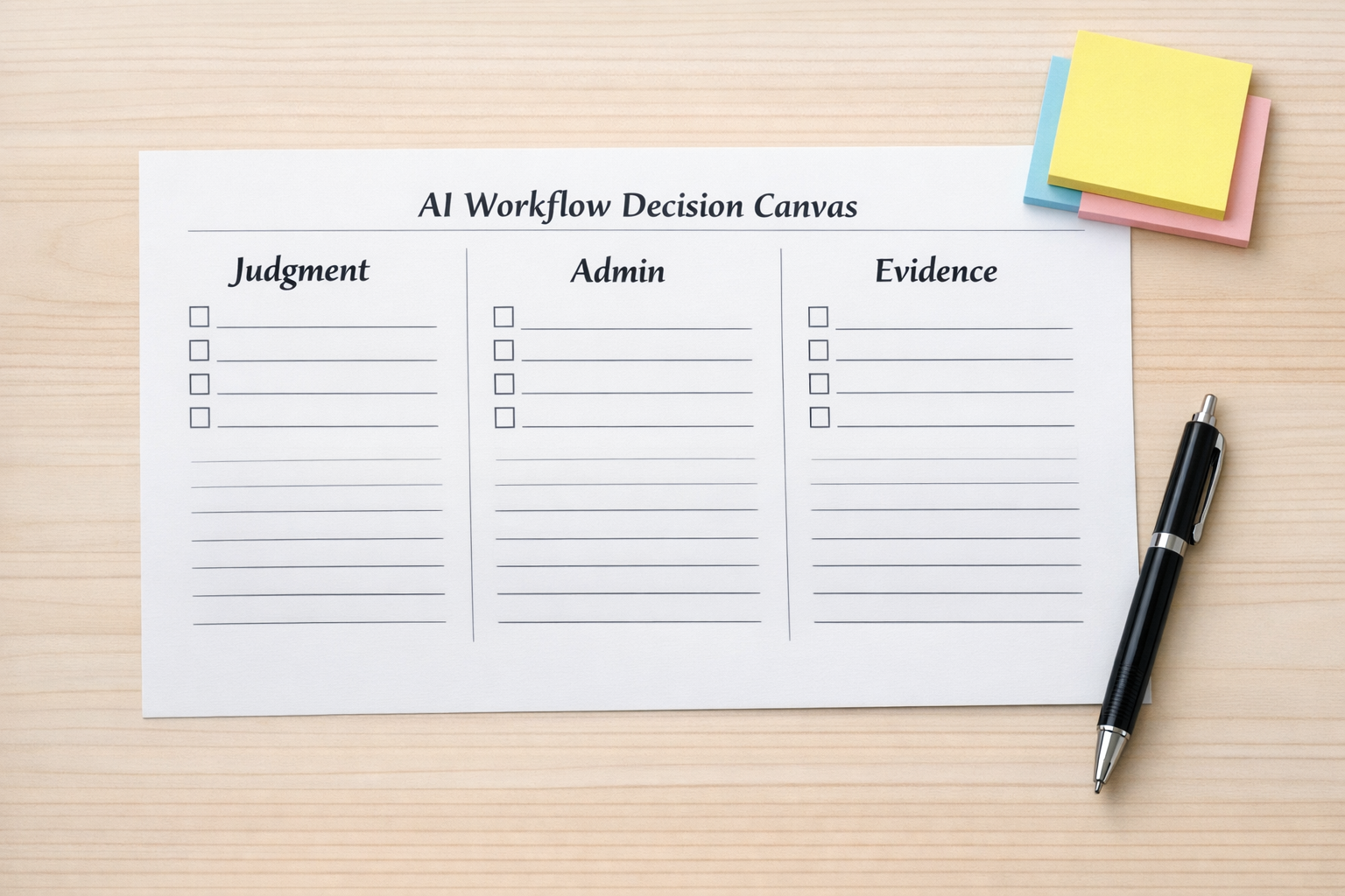 A printed decision canvas separating workflow tasks into judgment, admin, and evidence categories.