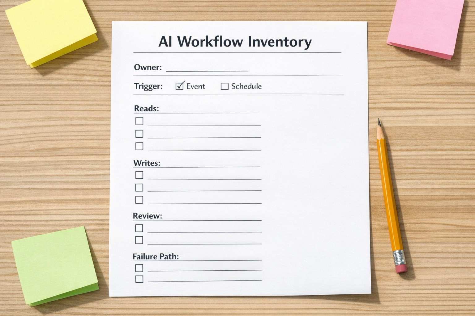 A printed AI workflow inventory worksheet with sections for owner, trigger, data access, write access, review step, and failure path.