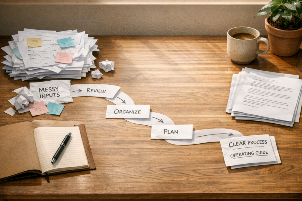 A calm office desk with printed notes and a clear path of documents showing an AI workflow being organized before automation.