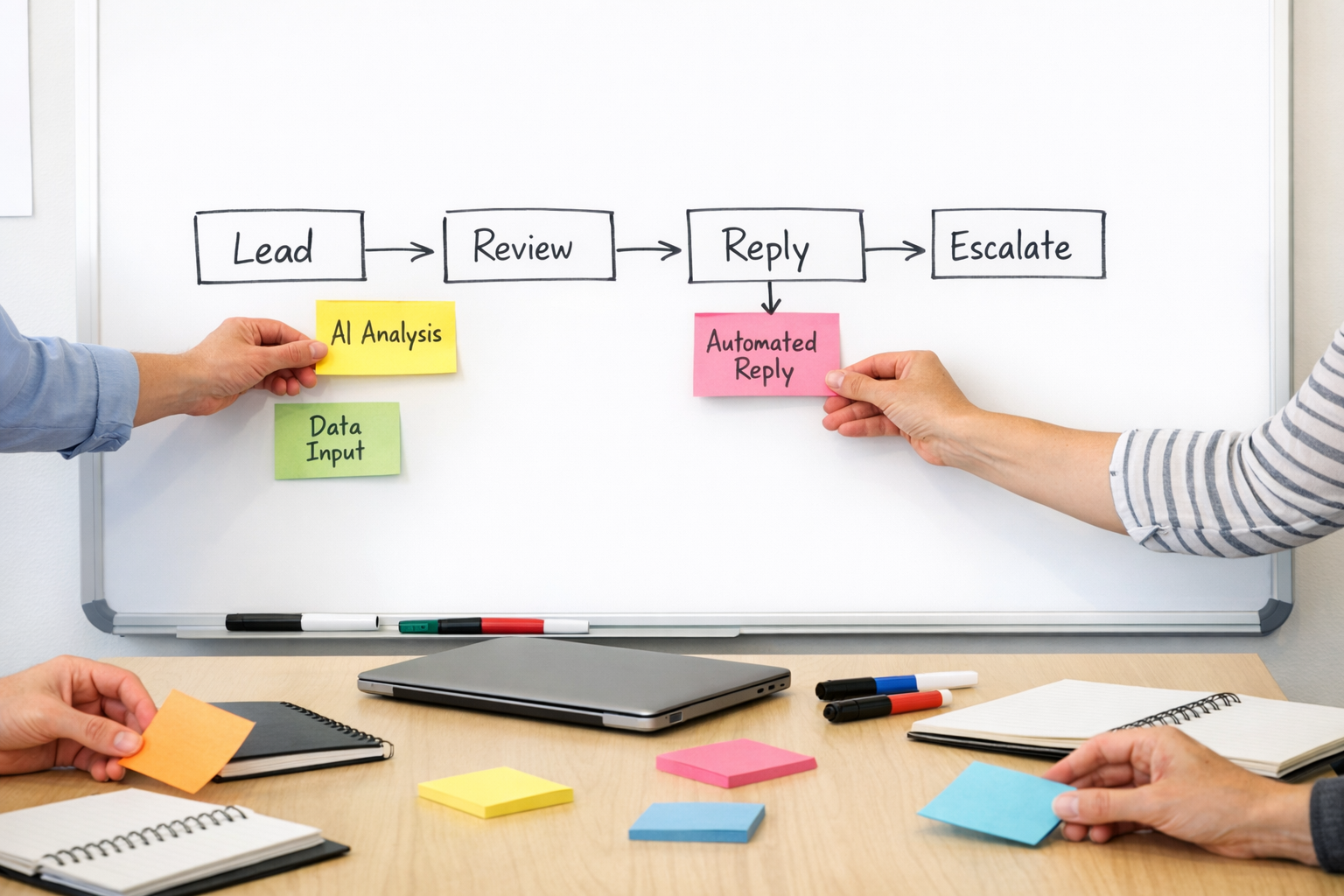 A real workspace scene with sticky notes and a whiteboard planning an AI-assisted business workflow.