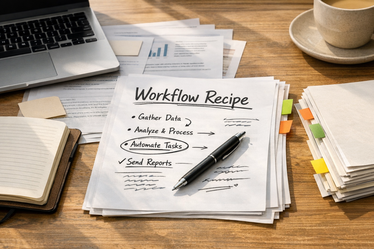 A calm office desk with printed workflow notes, a laptop, and a marked-up process recipe for recurring AI tasks.