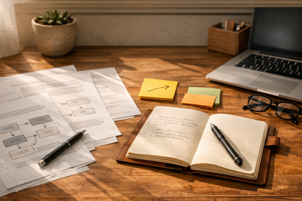 A calm desk scene with printed content drafts, a notebook, and sticky notes showing human review around AI-assisted work.