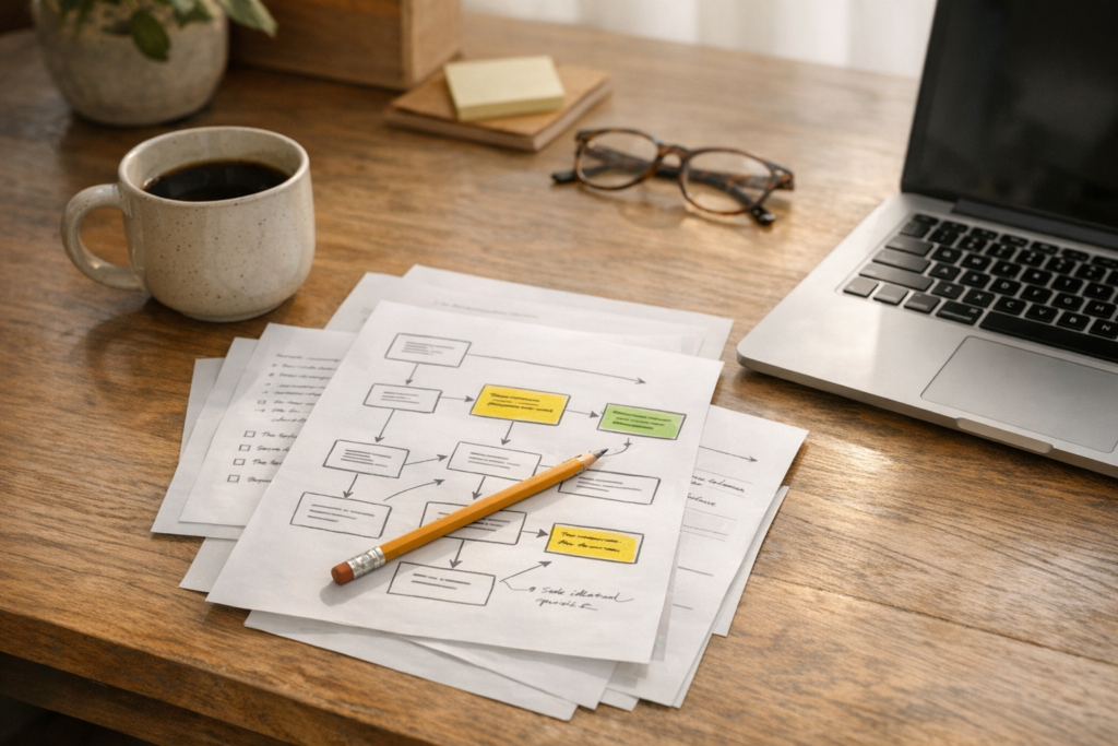 A calm office desk with printed workflow notes, a laptop, and marked decision points for reviewing AI-assisted automation ideas.