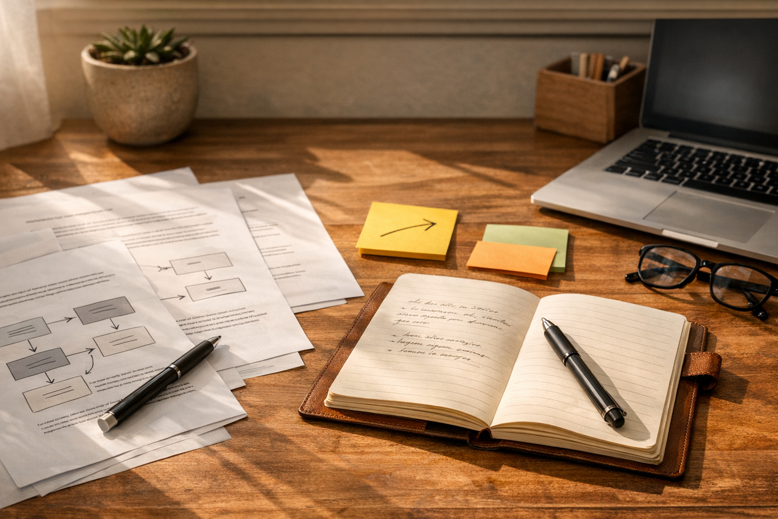 A calm desk scene with printed content drafts, a notebook, and sticky notes showing human review around AI-assisted work.