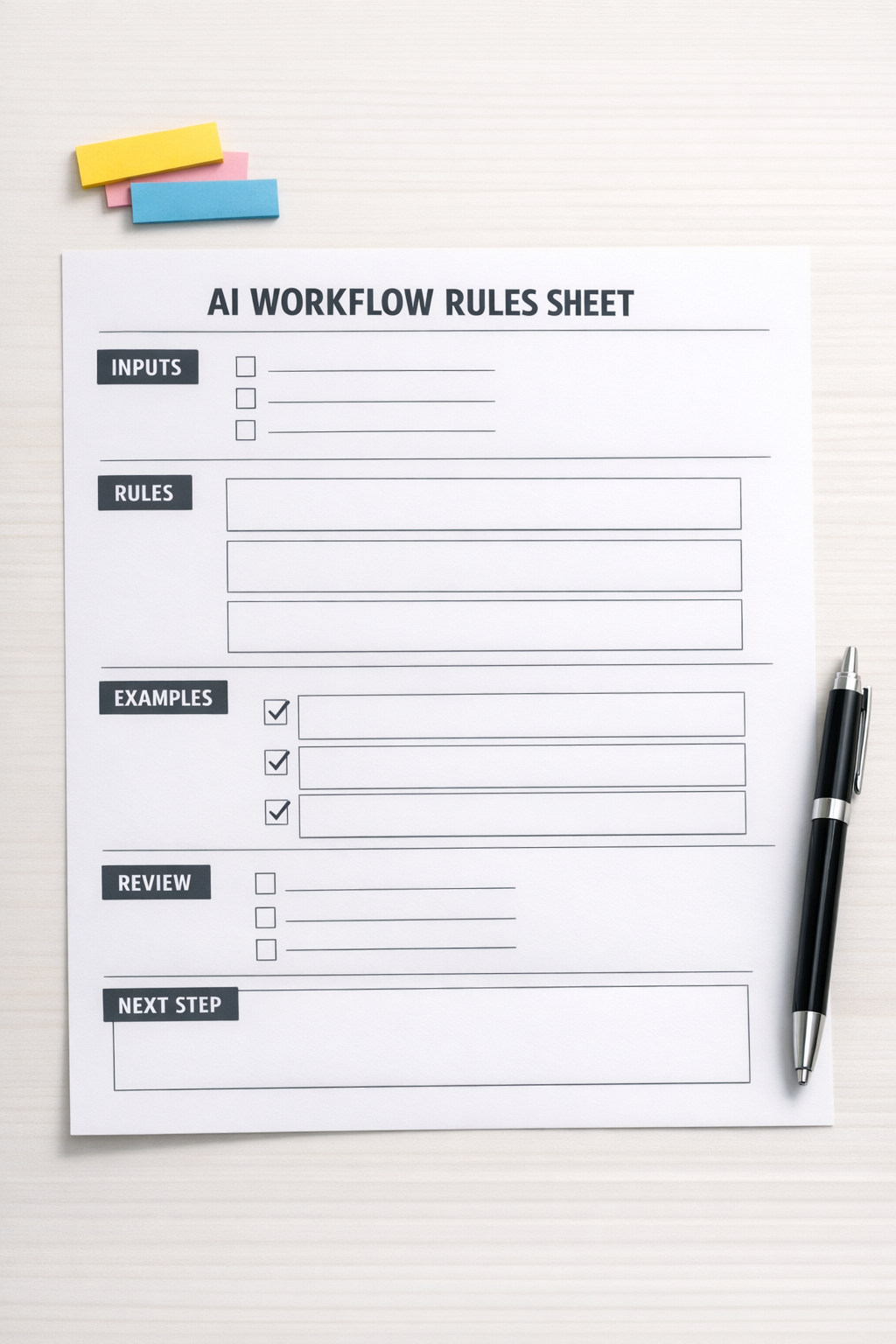 A simple printed worksheet for defining AI workflow rules, inputs, outputs, and review steps.