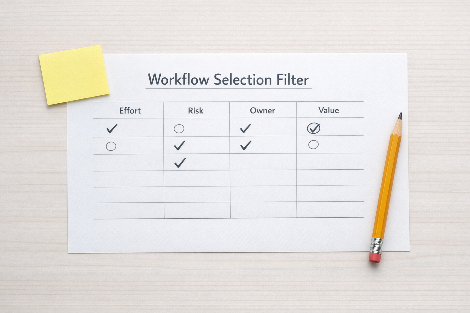 A printed workflow selection worksheet with simple columns for effort, risk, ownership, and value.