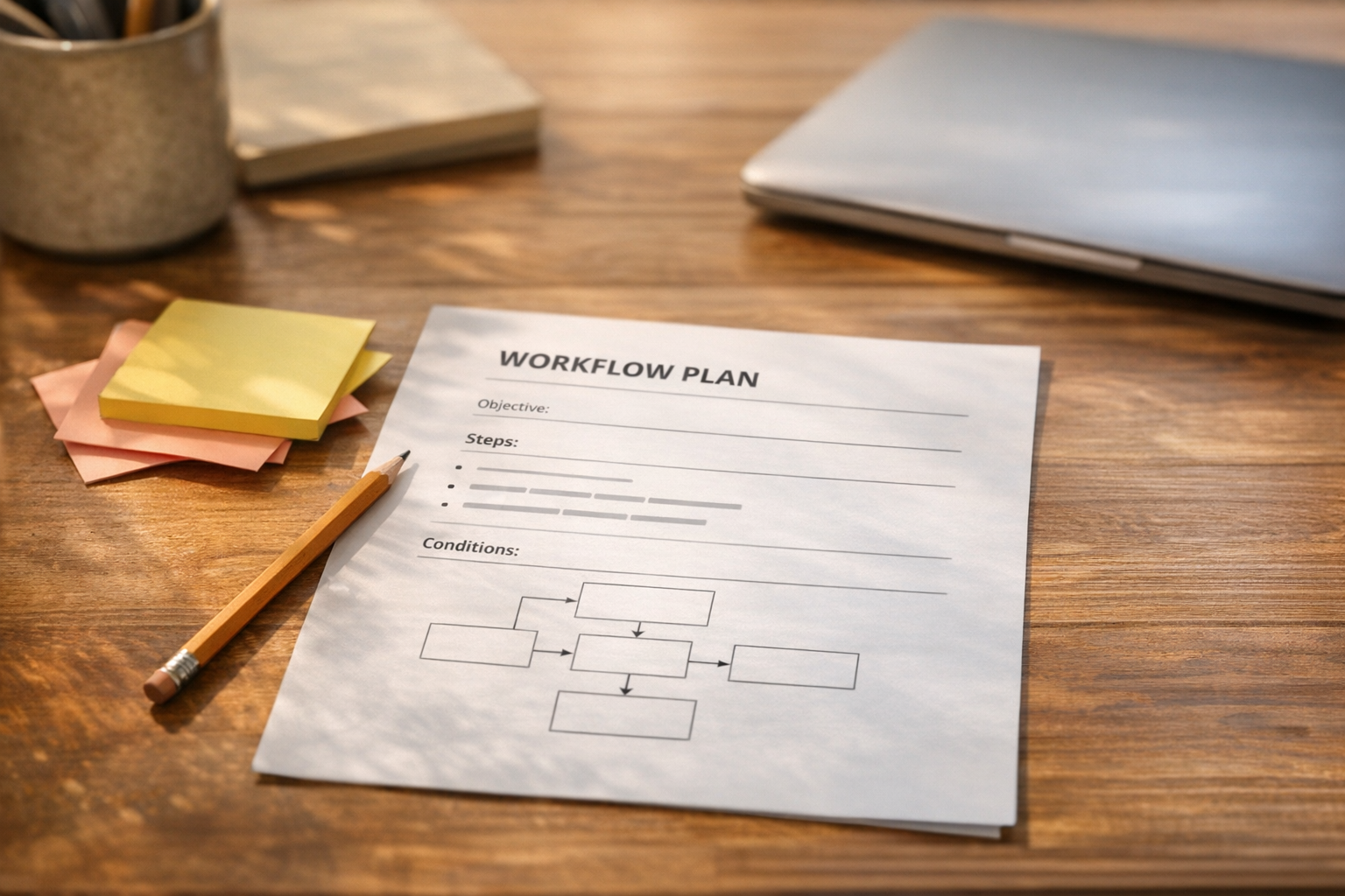 A calm desk scene with a printed workflow spec, pencil, sticky notes, and laptop showing no readable screen content.