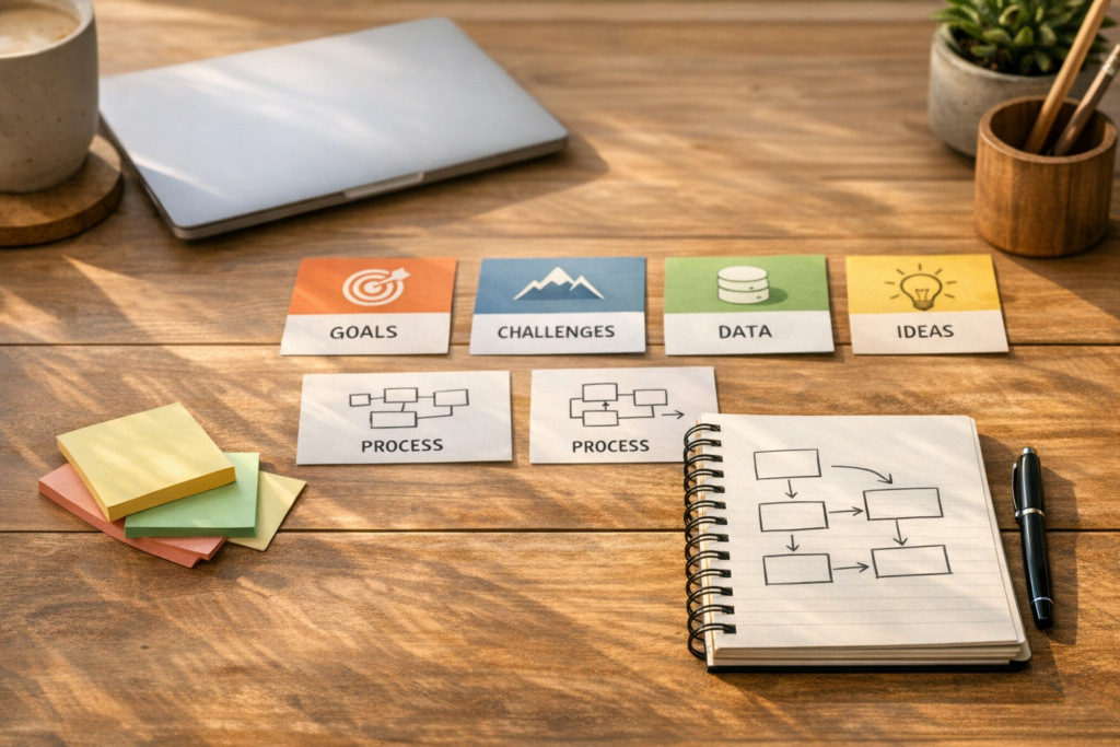 A clean desk with notes, a laptop, and printed context cards representing structured thinking before building AI workflows.
