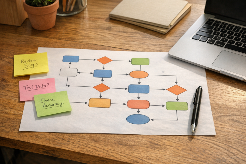 A calm office desk with a printed workflow map, sticky notes, and a laptop suggesting AI workflow validation.