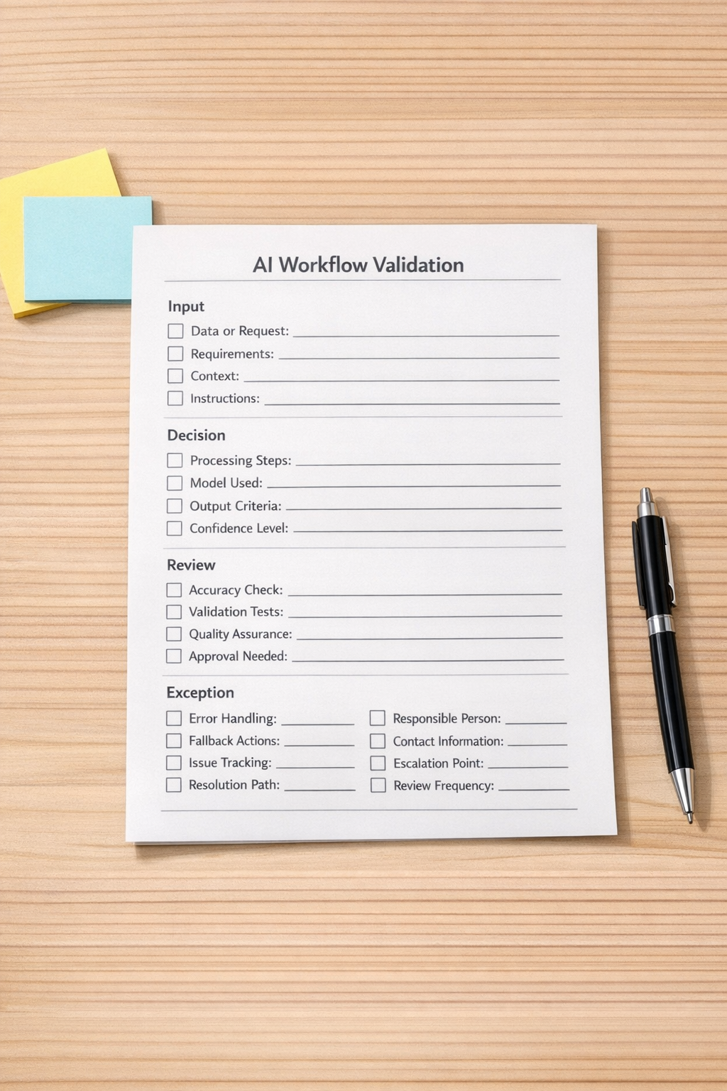 A printed AI workflow validation worksheet with sections for task, context, review rules, and handoff owner.