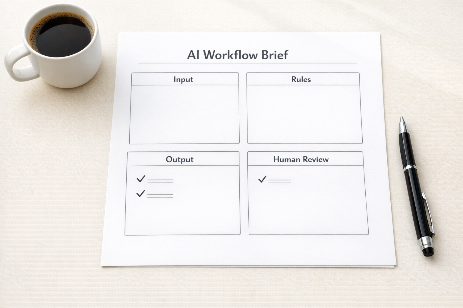 A printed worksheet for planning one AI workflow with sections for input, example, review, and handoff