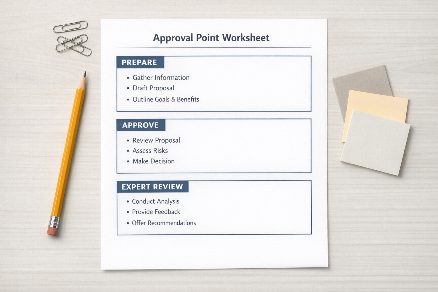 A printed approval point worksheet showing columns for prepare, approve, and expert review.