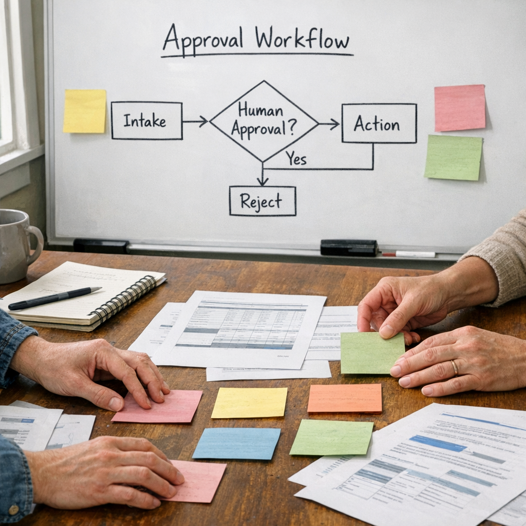 A workspace scene with a whiteboard planning an approval workflow, sticky notes, printed documents, and hands arranging process steps.
