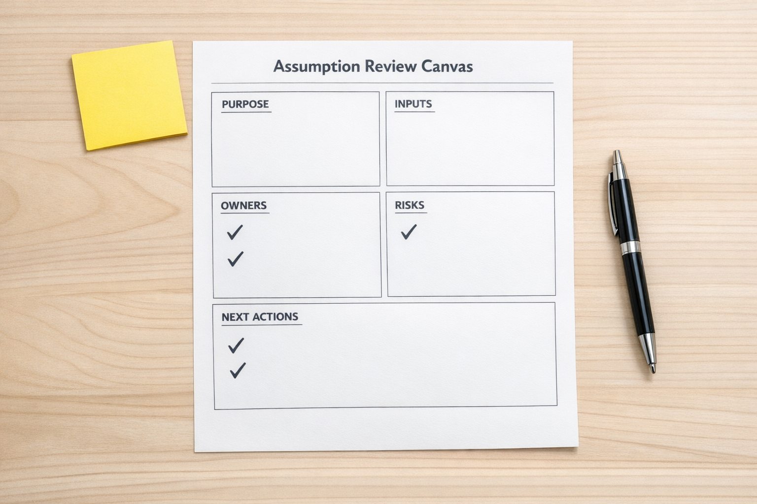 A simple printed assumption review canvas with sections for purpose, inputs, owners, risks, and next actions.