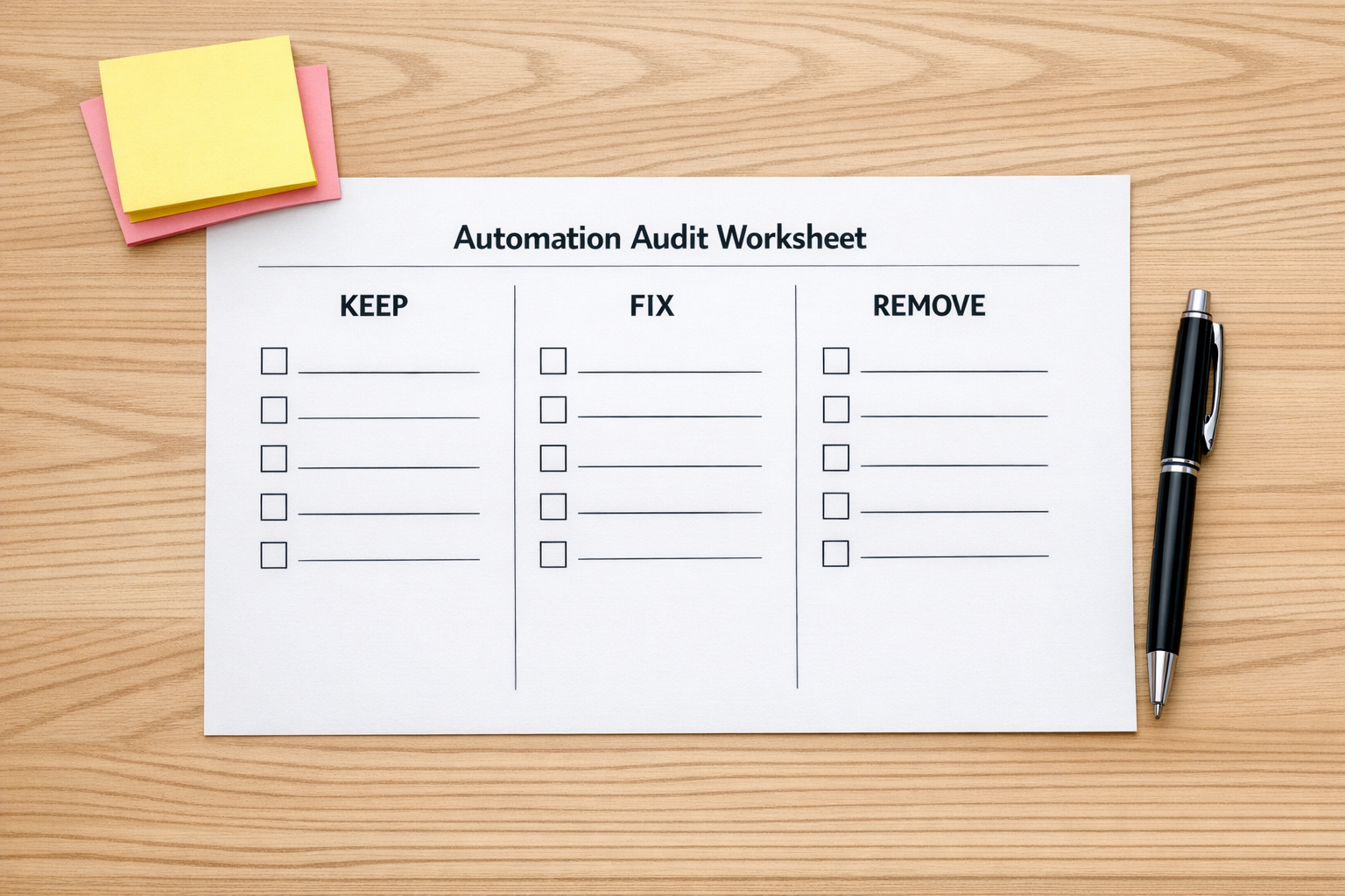 A simple printed worksheet for auditing recurring automation outputs with keep, fix, and remove columns.