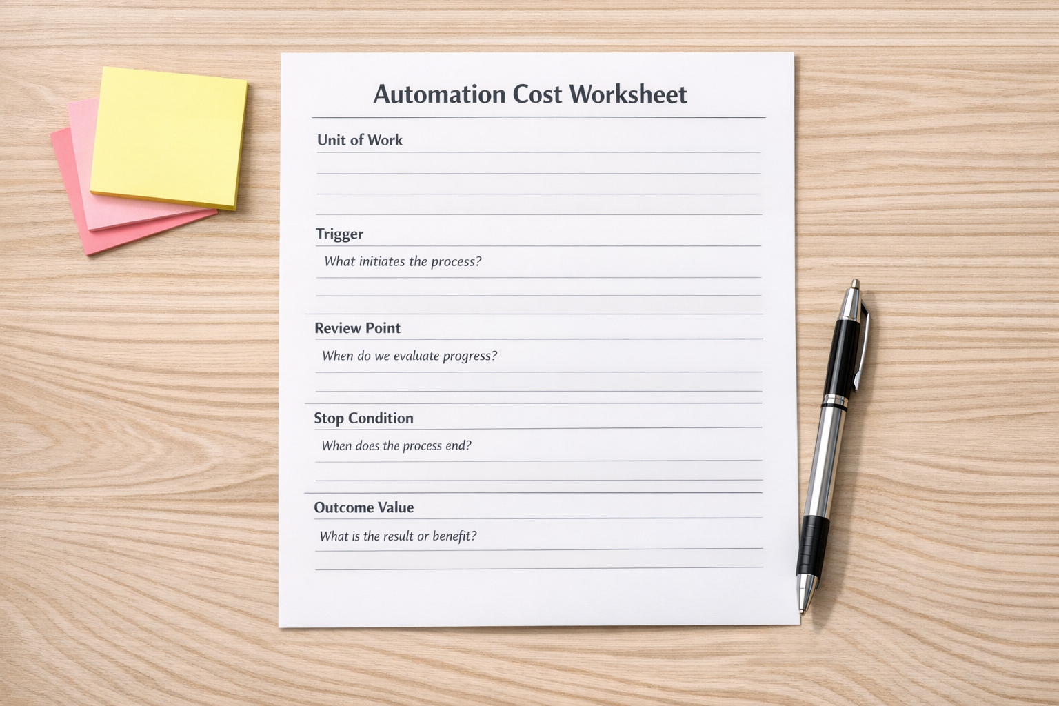 A printed worksheet for estimating automation cost, value, review effort, and stop conditions.