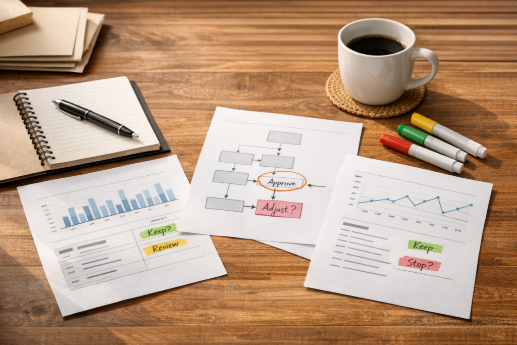A calm office desk with printed reports, a notebook, and marked decision points for auditing scheduled automation outputs.