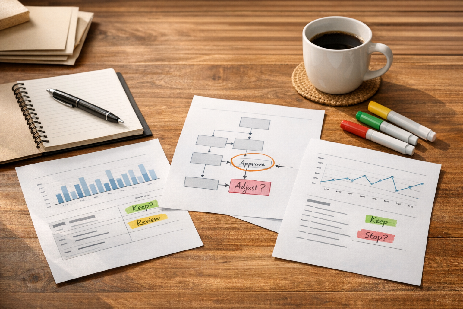 A calm office desk with printed reports, a notebook, and marked decision points for auditing scheduled automation outputs.
