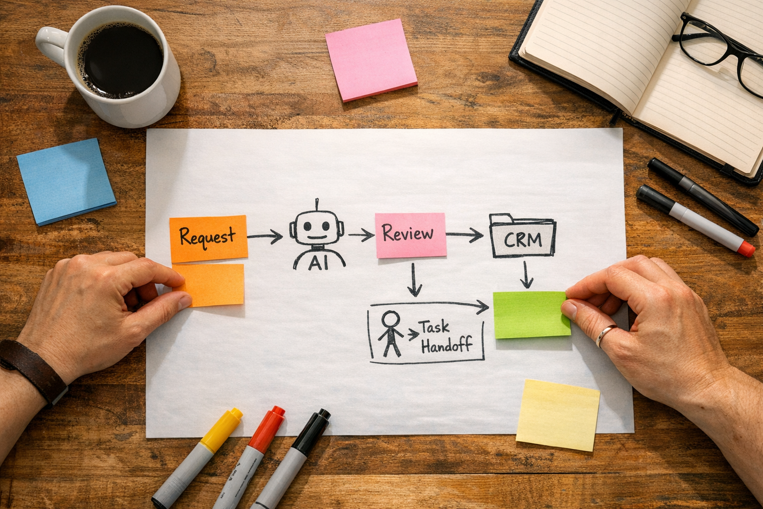 Hands arranging sticky notes and a simple workflow sketch for an AI-assisted business handoff.
