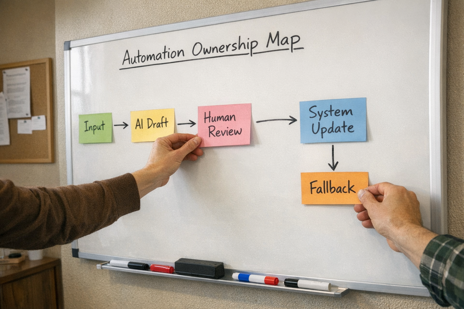 A team workspace whiteboard showing AI workflow ownership, review steps, and system connections without people faces.