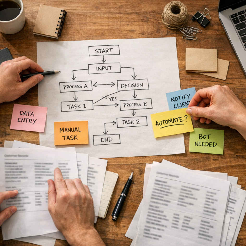 A desk setup with sticky notes, a laptop, and a simple automation planning sketch for lead routing.