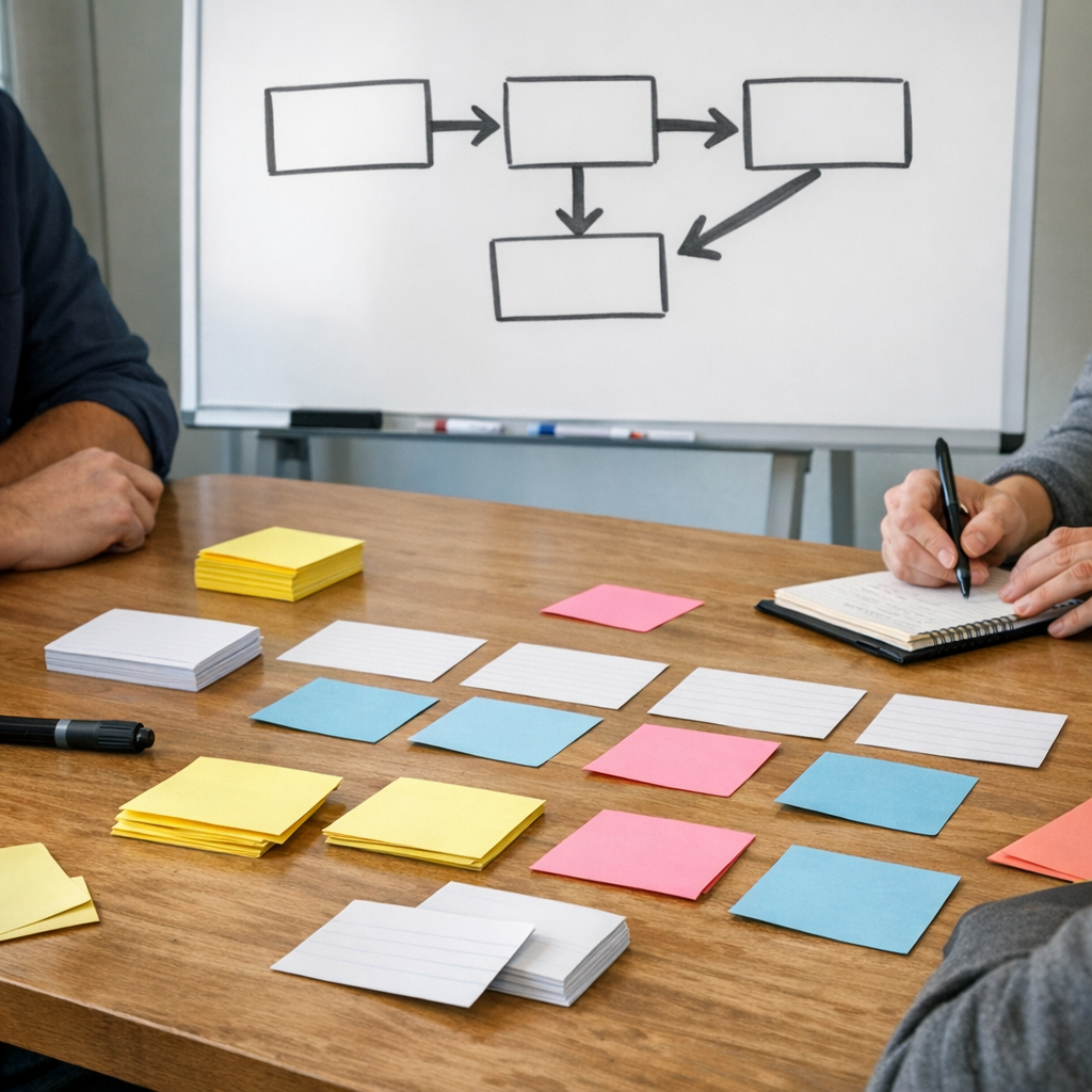A workspace table with sticky notes and a whiteboard sketch for planning an AI-assisted automation workflow.