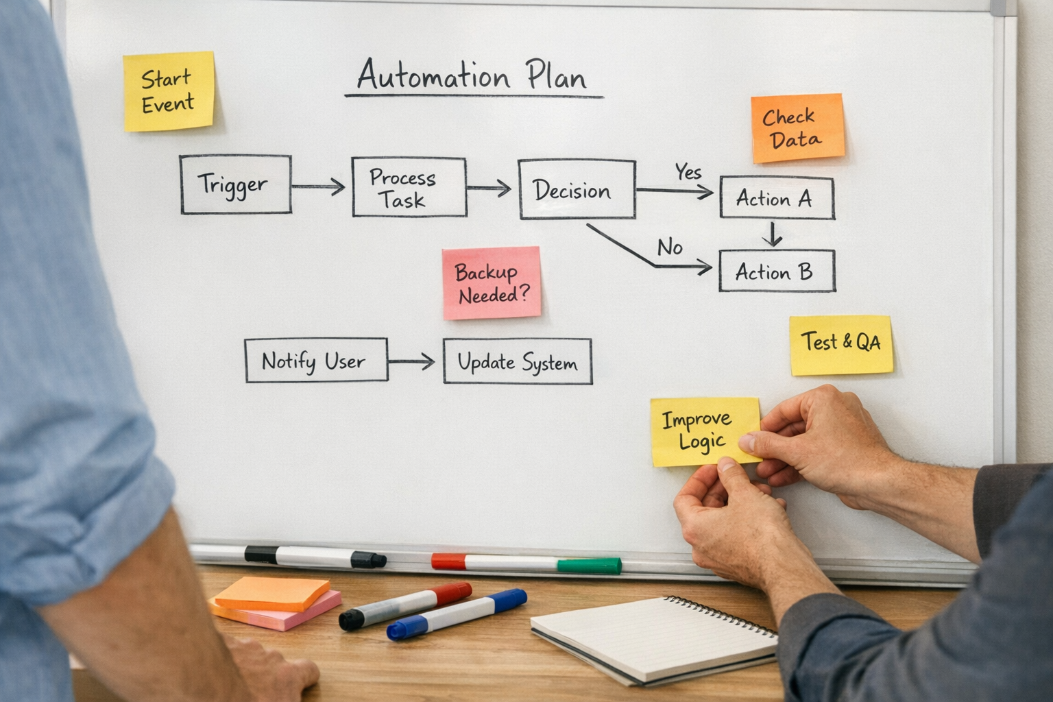 A workspace whiteboard with a simple automation plan, sticky notes, and implementation notes for an AI-assisted process.